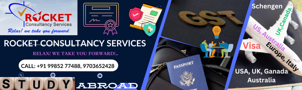 Passport and visa assistance, startup business registration, GST and income tax returns, license and insurance solutions, with a primary focus on study abroad programs for countries like the US, UK, Canada, Australia, Schengen Area (Europe), Italy, Germany, and France